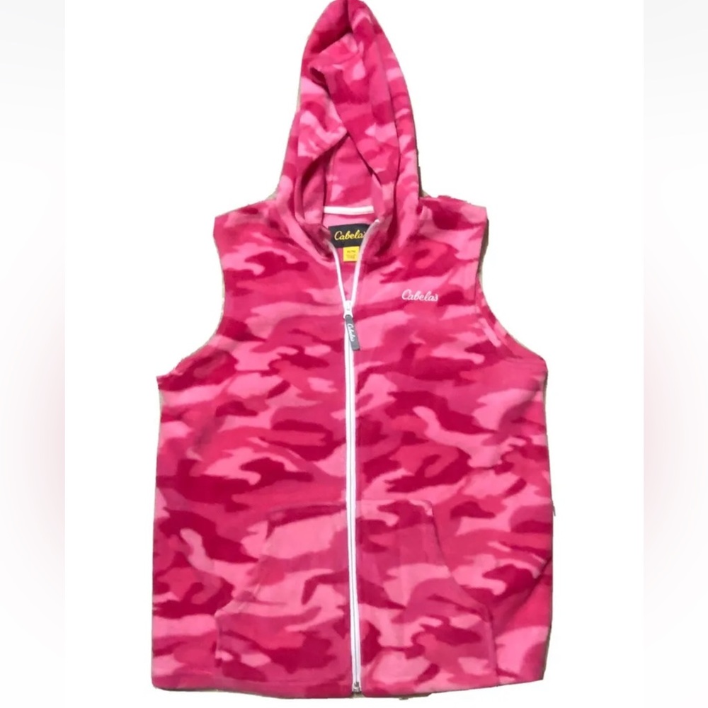 Cabelas Kids Youth Size XL Pink Camo Camoflouge Hooded Fleece Vest Full Zip